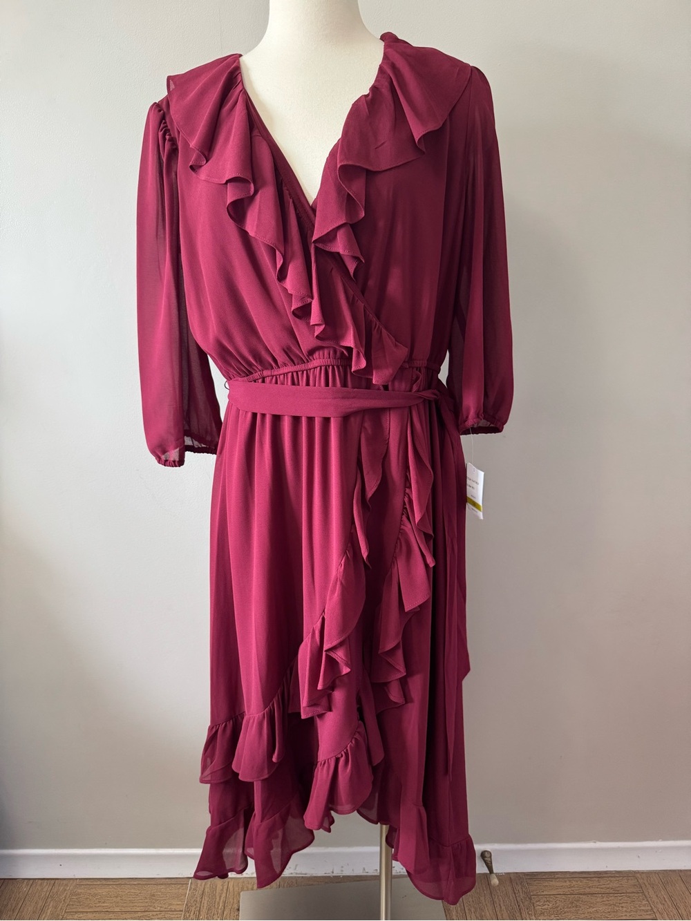 Gabby Skye Ruffle-Trim Wrap Midi Dress in Burgundy